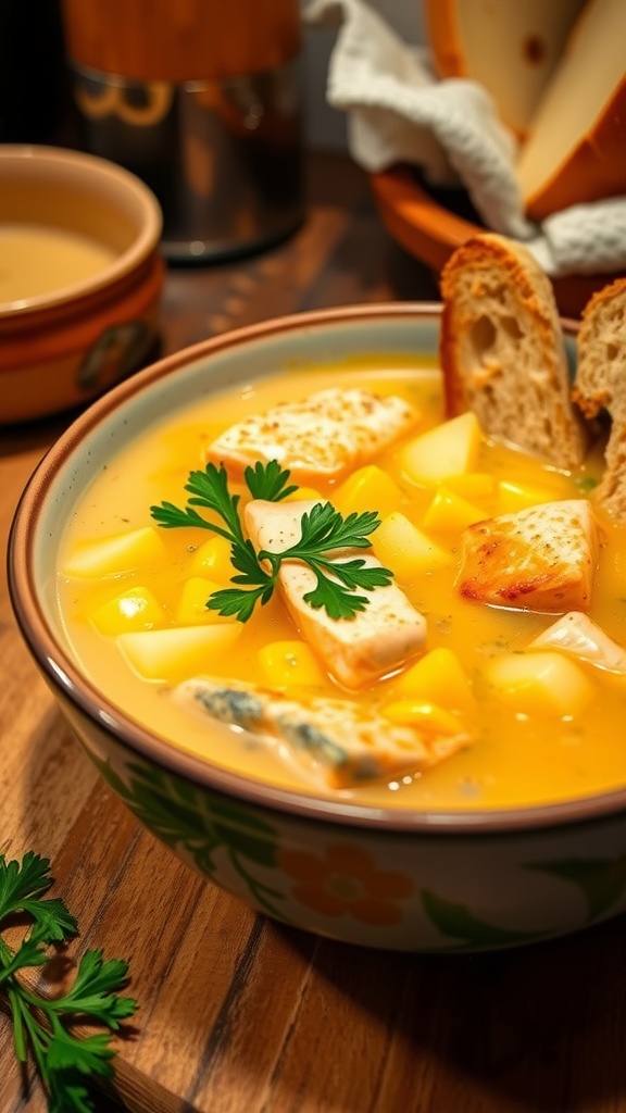 A bowl of salmon chowder with salmon, potatoes, corn, and parsley, alongside a slice of bread.